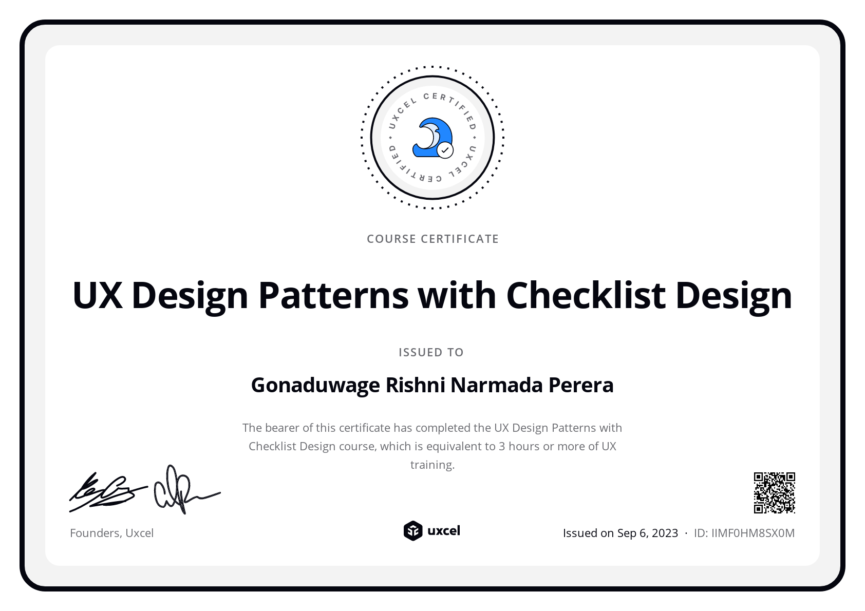 Gonaduwage Rishni Narmada Perera's certificate